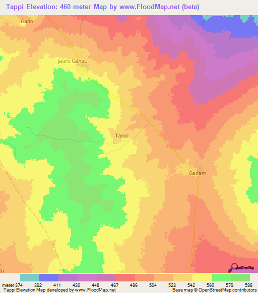 Tappi,Nigeria Elevation Map