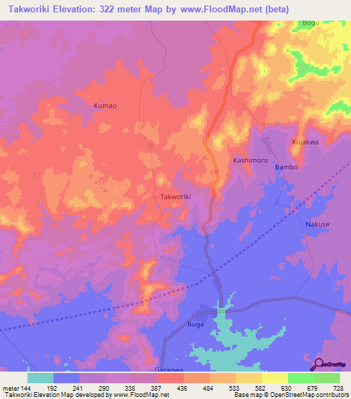 Takworiki,Nigeria Elevation Map