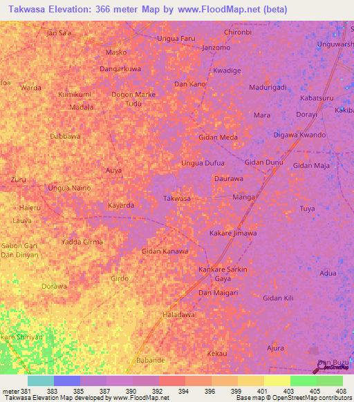 Takwasa,Nigeria Elevation Map