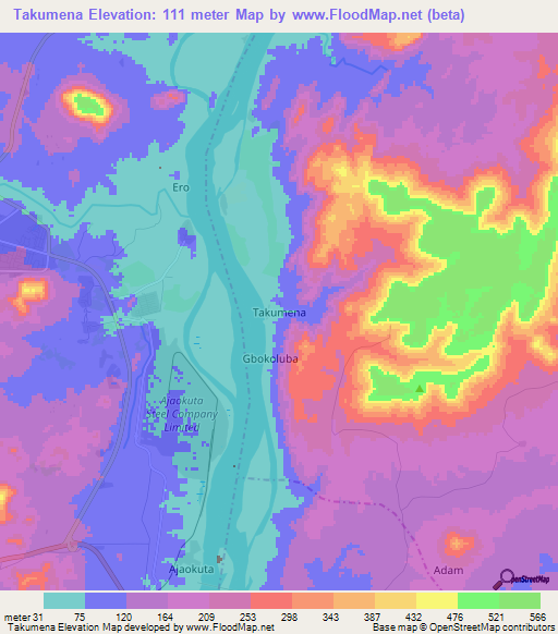 Takumena,Nigeria Elevation Map