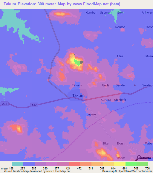 Takum,Nigeria Elevation Map