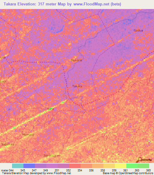 Takara,Nigeria Elevation Map