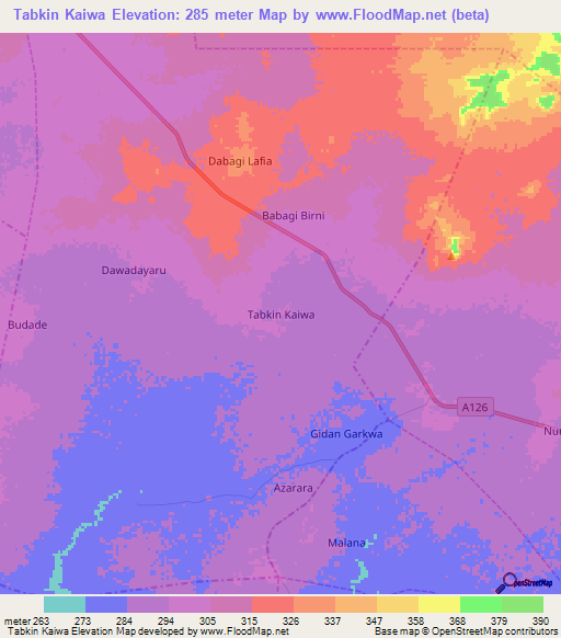 Tabkin Kaiwa,Nigeria Elevation Map