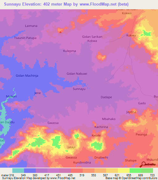 Sunnayu,Nigeria Elevation Map