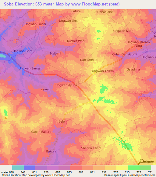 Soba,Nigeria Elevation Map