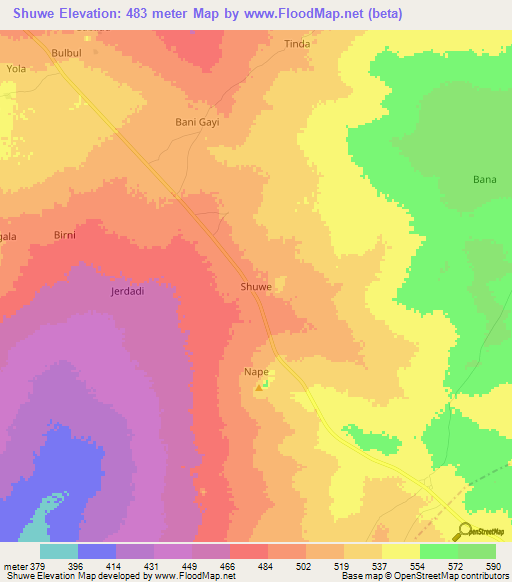 Shuwe,Nigeria Elevation Map