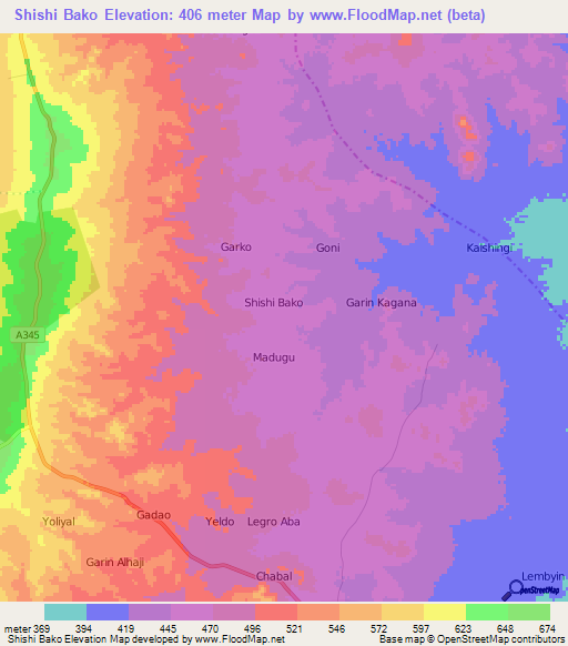 Shishi Bako,Nigeria Elevation Map