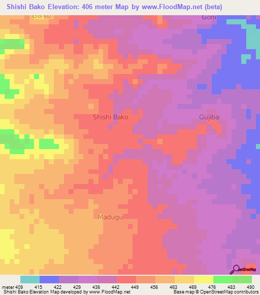 Shishi Bako,Nigeria Elevation Map