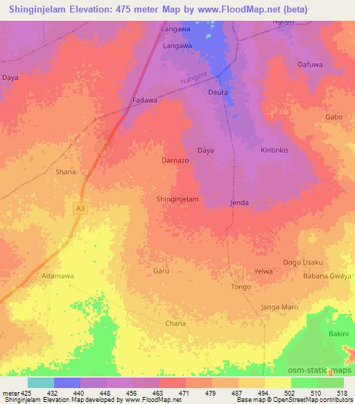 Shinginjelam,Nigeria Elevation Map