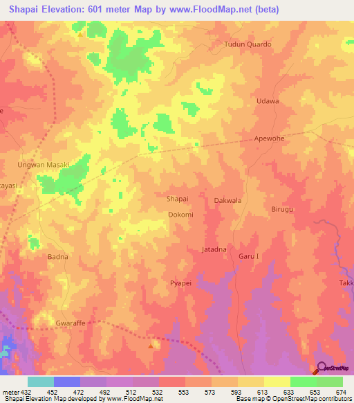 Shapai,Nigeria Elevation Map