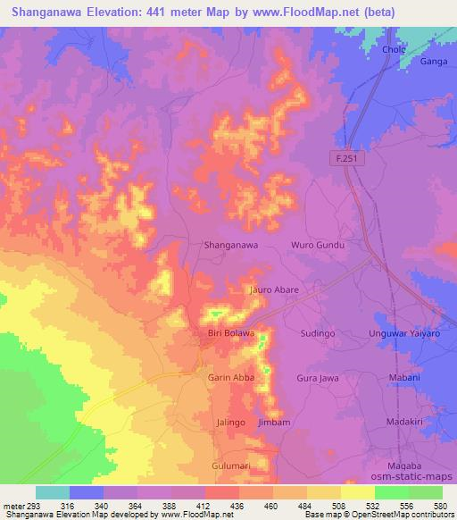 Shanganawa,Nigeria Elevation Map