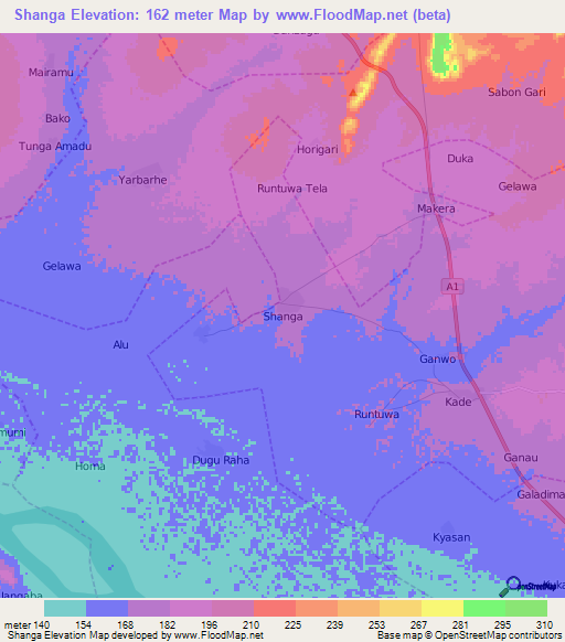 Shanga,Nigeria Elevation Map