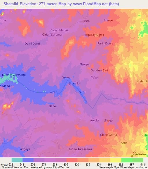 Shamiki,Nigeria Elevation Map