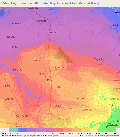 Shambayi,Nigeria Elevation Map