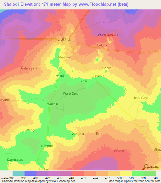 Shalodi,Nigeria Elevation Map