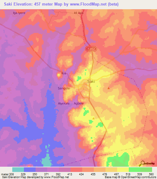 Saki,Nigeria Elevation Map