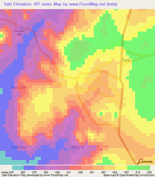 Saki,Nigeria Elevation Map