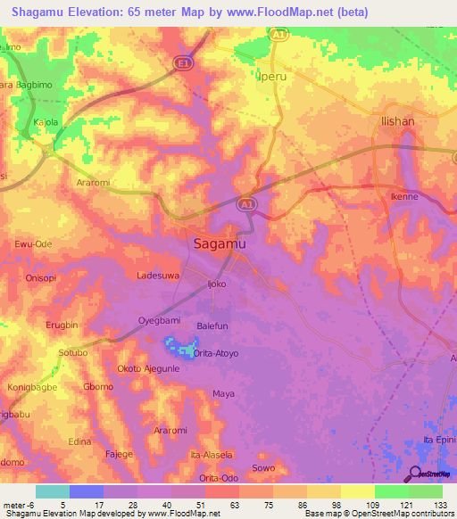 Shagamu,Nigeria Elevation Map