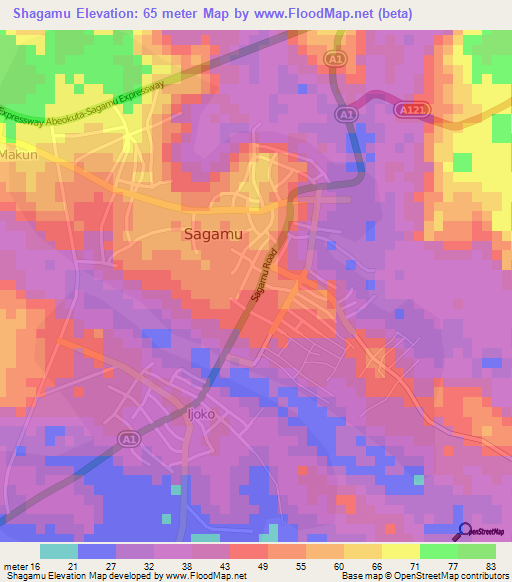 Shagamu,Nigeria Elevation Map