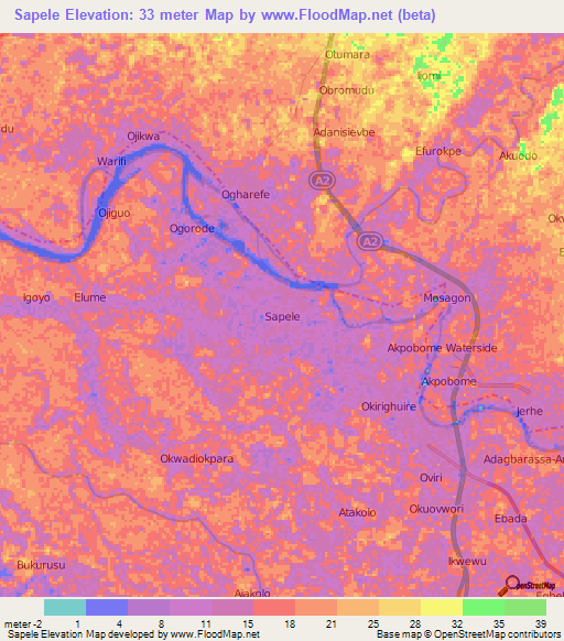 Sapele,Nigeria Elevation Map