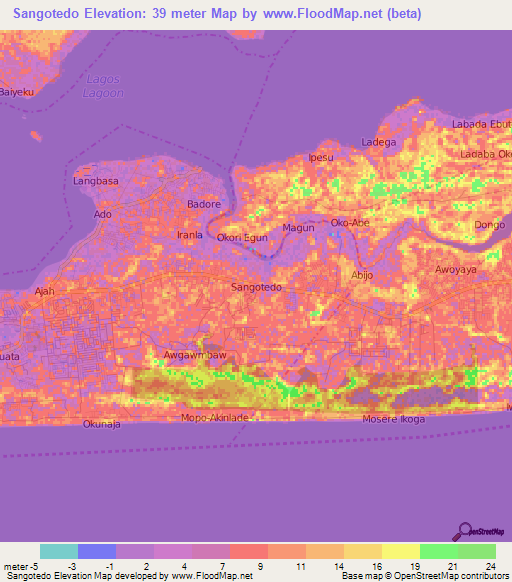 Sangotedo,Nigeria Elevation Map