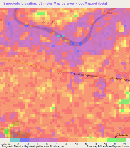 Sangotedo,Nigeria Elevation Map