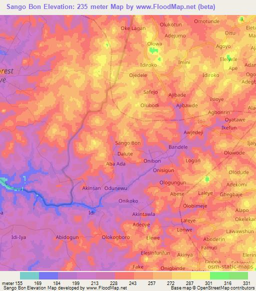 Sango Bon,Nigeria Elevation Map