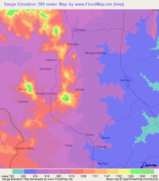 Sanga,Nigeria Elevation Map