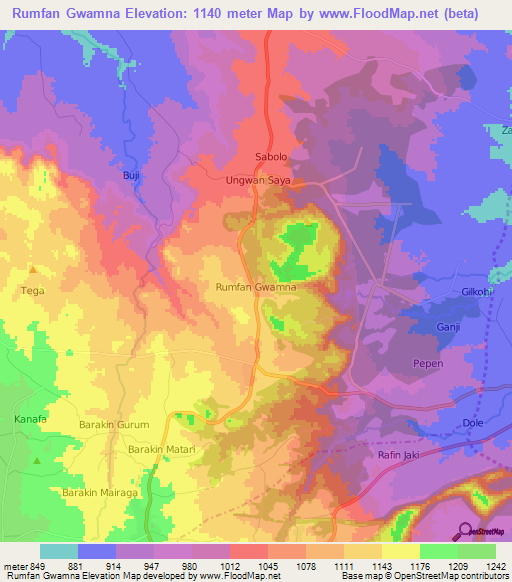 Rumfan Gwamna,Nigeria Elevation Map