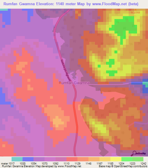 Rumfan Gwamna,Nigeria Elevation Map