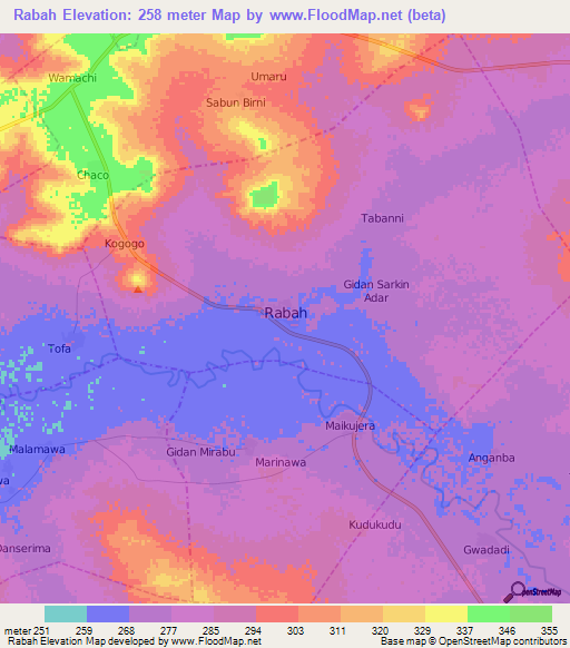 Rabah,Nigeria Elevation Map