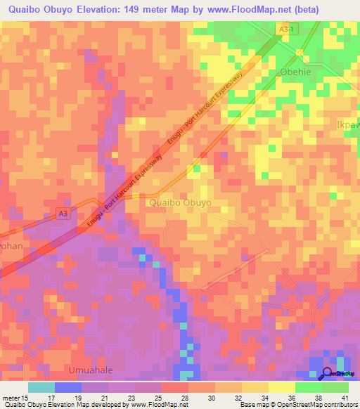 Quaibo Obuyo,Nigeria Elevation Map