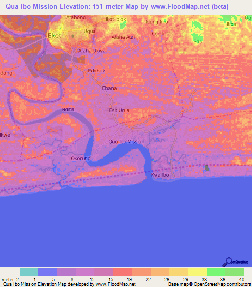 Qua Ibo Mission,Nigeria Elevation Map