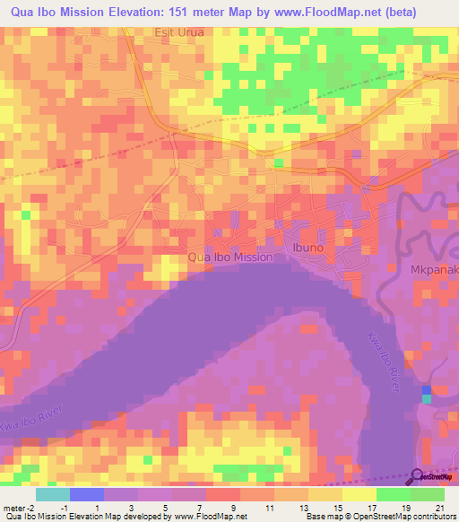 Qua Ibo Mission,Nigeria Elevation Map