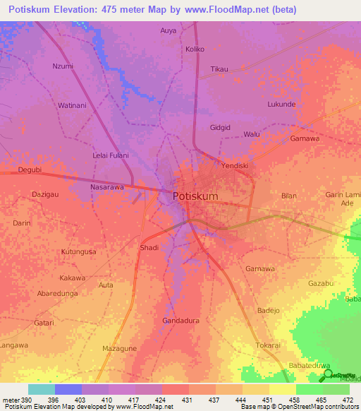 Potiskum,Nigeria Elevation Map