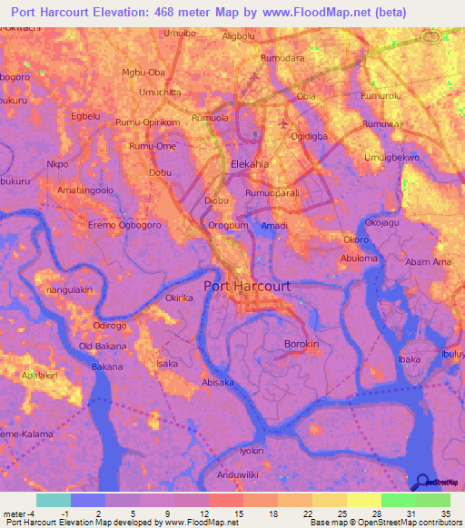 Port Harcourt,Nigeria Elevation Map