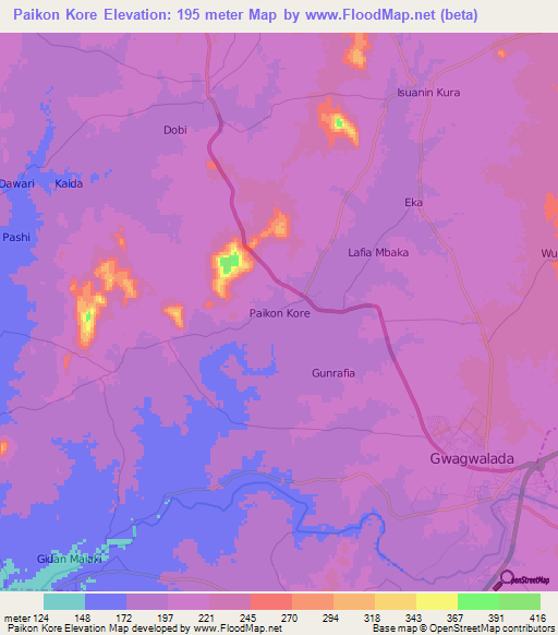 Paikon Kore,Nigeria Elevation Map