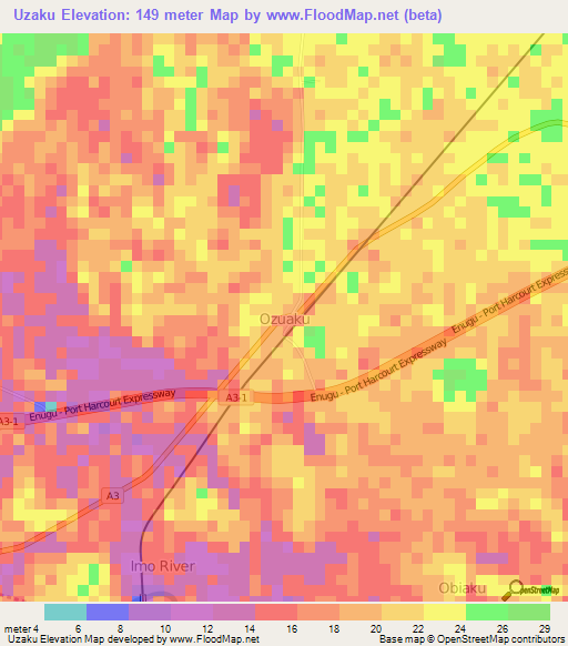 Uzaku,Nigeria Elevation Map