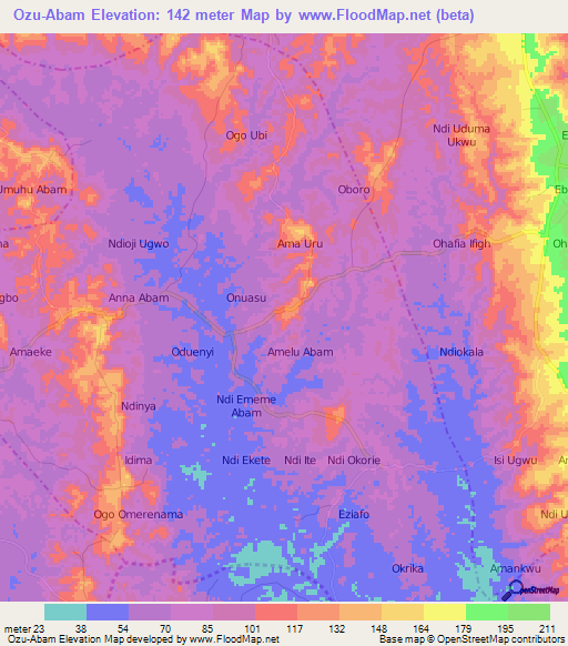 Ozu-Abam,Nigeria Elevation Map