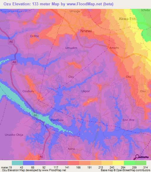 Ozu,Nigeria Elevation Map