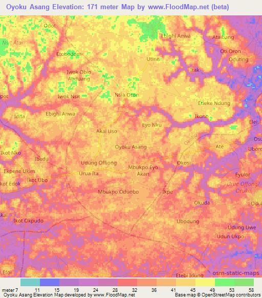 Oyoku Asang,Nigeria Elevation Map