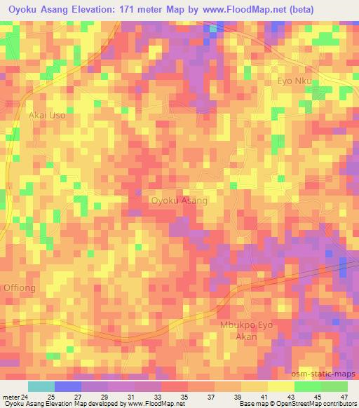 Oyoku Asang,Nigeria Elevation Map