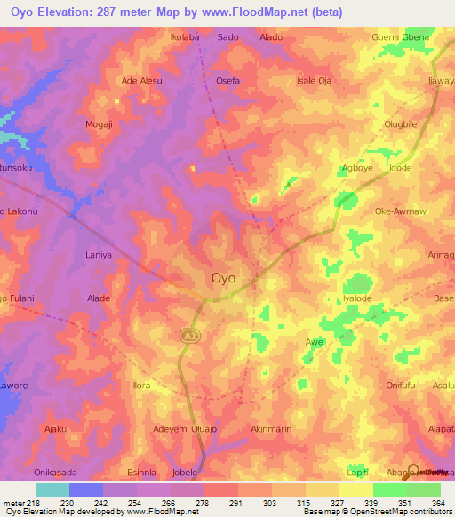 Oyo,Nigeria Elevation Map