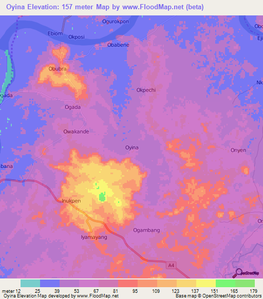 Oyina,Nigeria Elevation Map