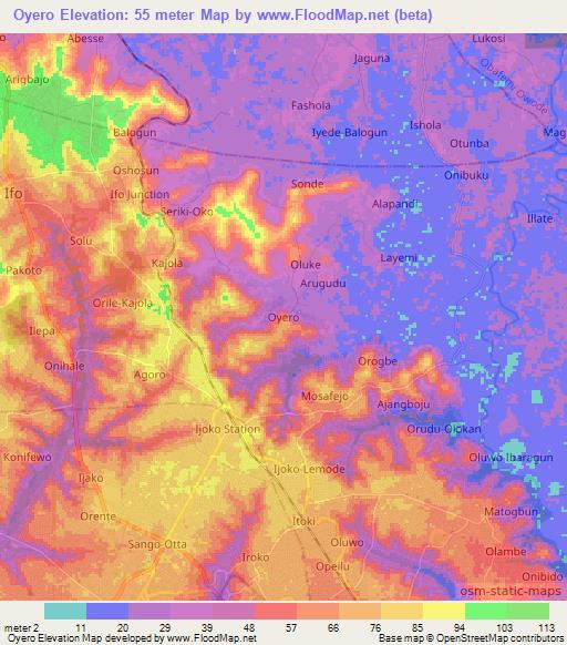 Oyero,Nigeria Elevation Map