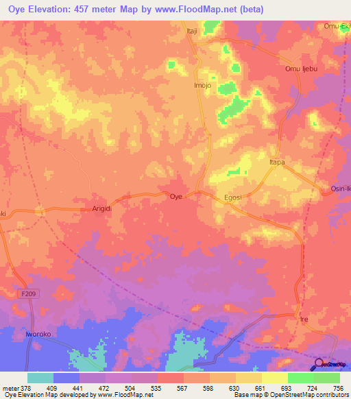 Oye,Nigeria Elevation Map