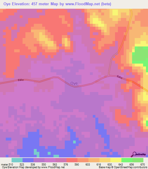 Oye,Nigeria Elevation Map