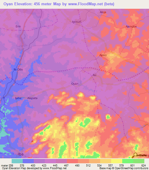 Oyan,Nigeria Elevation Map