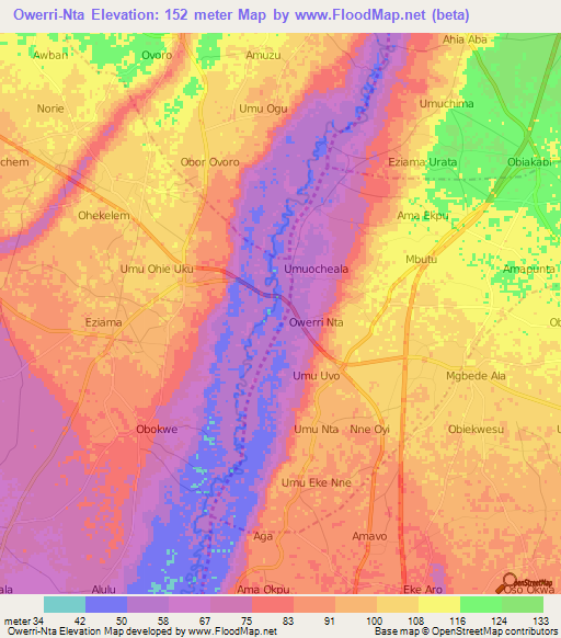 Owerri-Nta,Nigeria Elevation Map