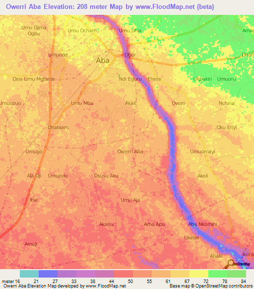 Owerri Aba,Nigeria Elevation Map